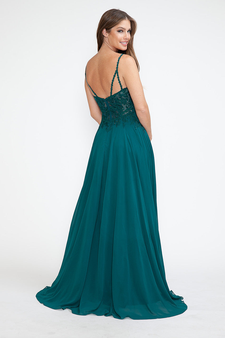 Embroidered A-Line Gown with Sheer V-Neck and Beaded Bodice Sleeveless Formal Prom Dress By Lenovia 8185
