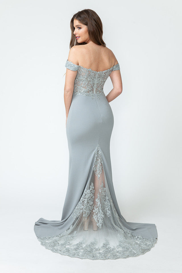 Off-Shoulder Lace Embroidered Mermaid Gown with Sheer Train By Lenovia 8134
