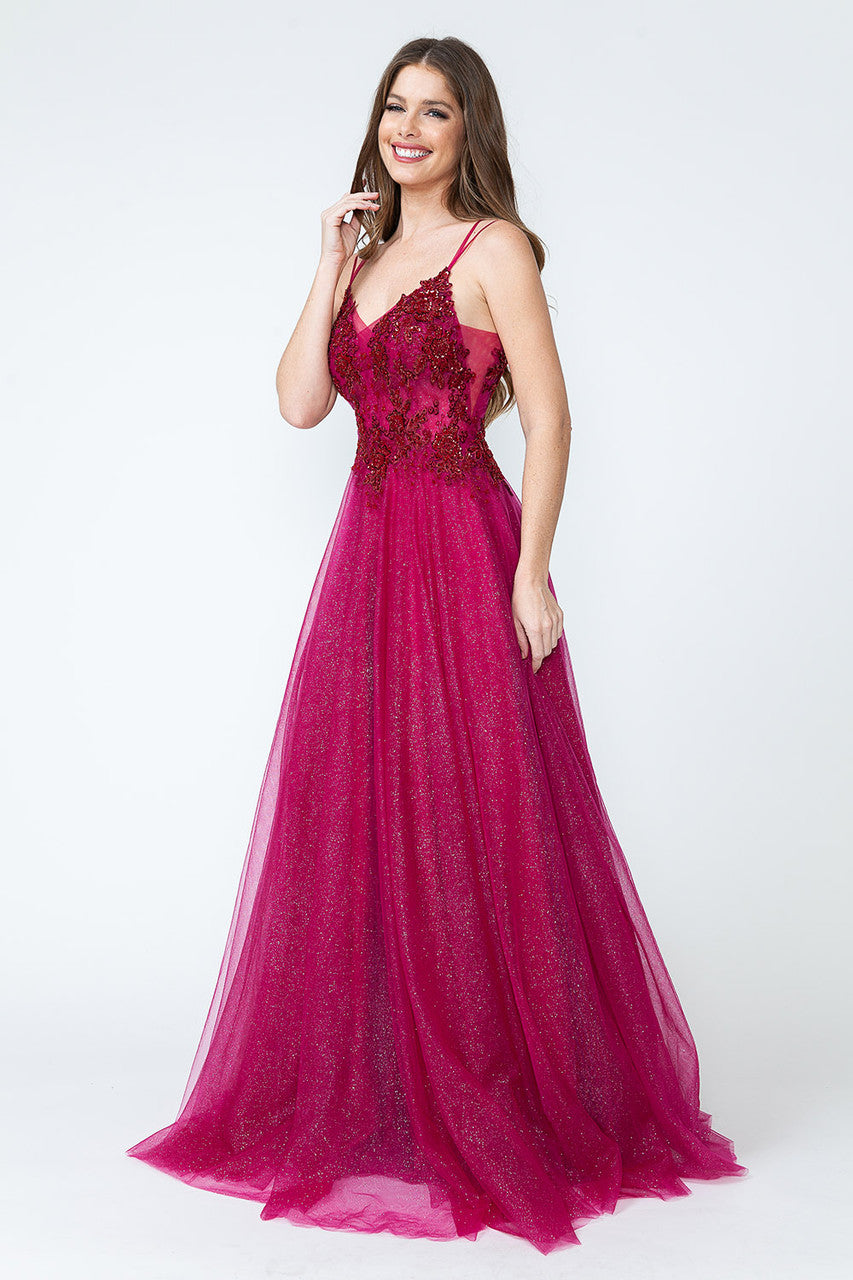 Glitter Tulle A-Line Gown with Floral Lace Appliqué Bodice and Double Spaghetti Straps Prom Dress By Lenovia 8182