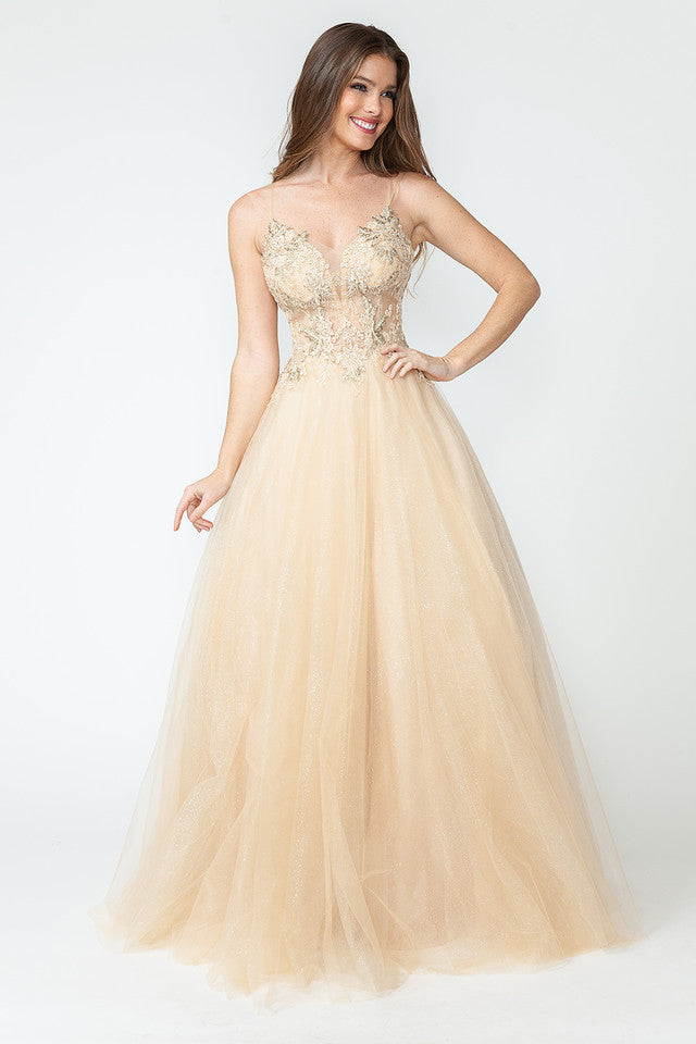 Glitter Tulle A-Line Gown with Floral Lace Appliqué Bodice and Double Spaghetti Straps Prom Dress By Lenovia 8182