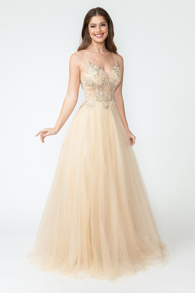 Glitter Tulle A-Line Gown with Floral Lace Appliqué Bodice and Double Spaghetti Straps Prom Dress By Lenovia 8182