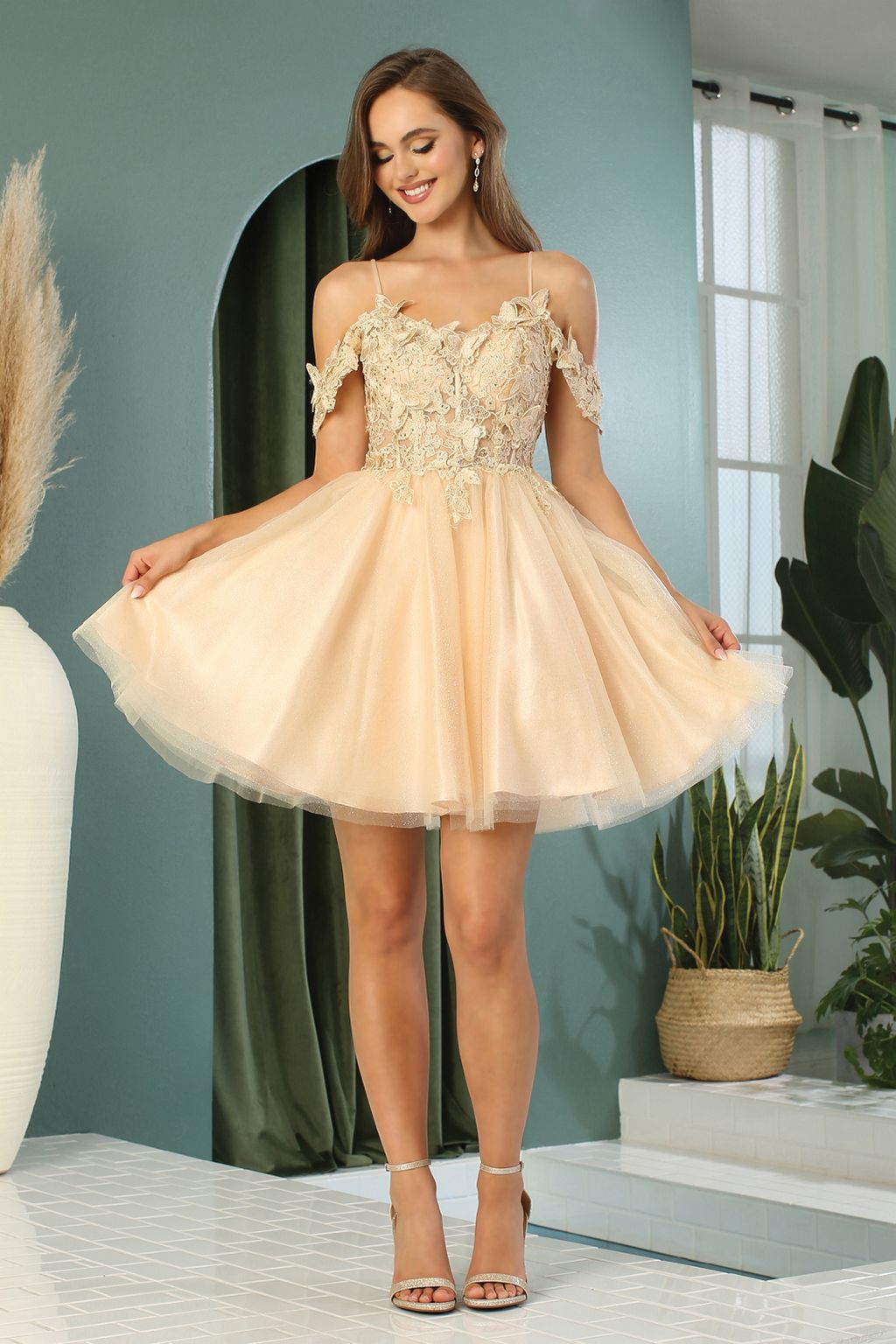 Adora Design 1052 Off Shoulder Glitter Applique A Line Mini Dress