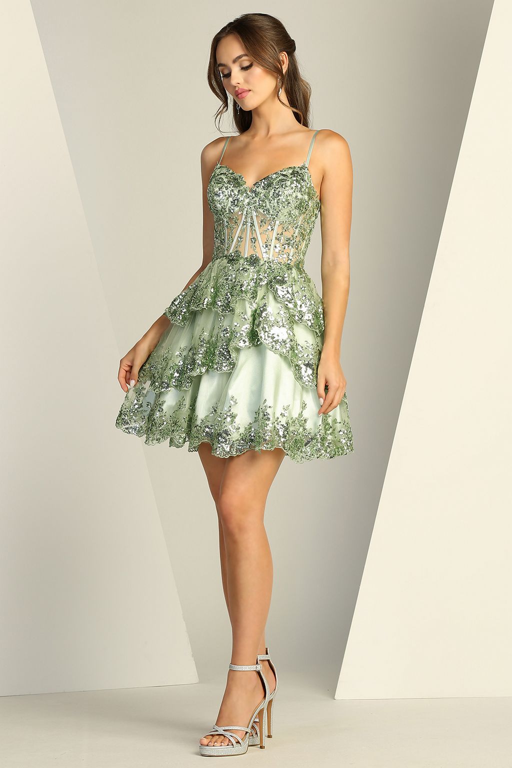 Adora Design 1056 Glitter Corset Tiered Short Homecoming Dress