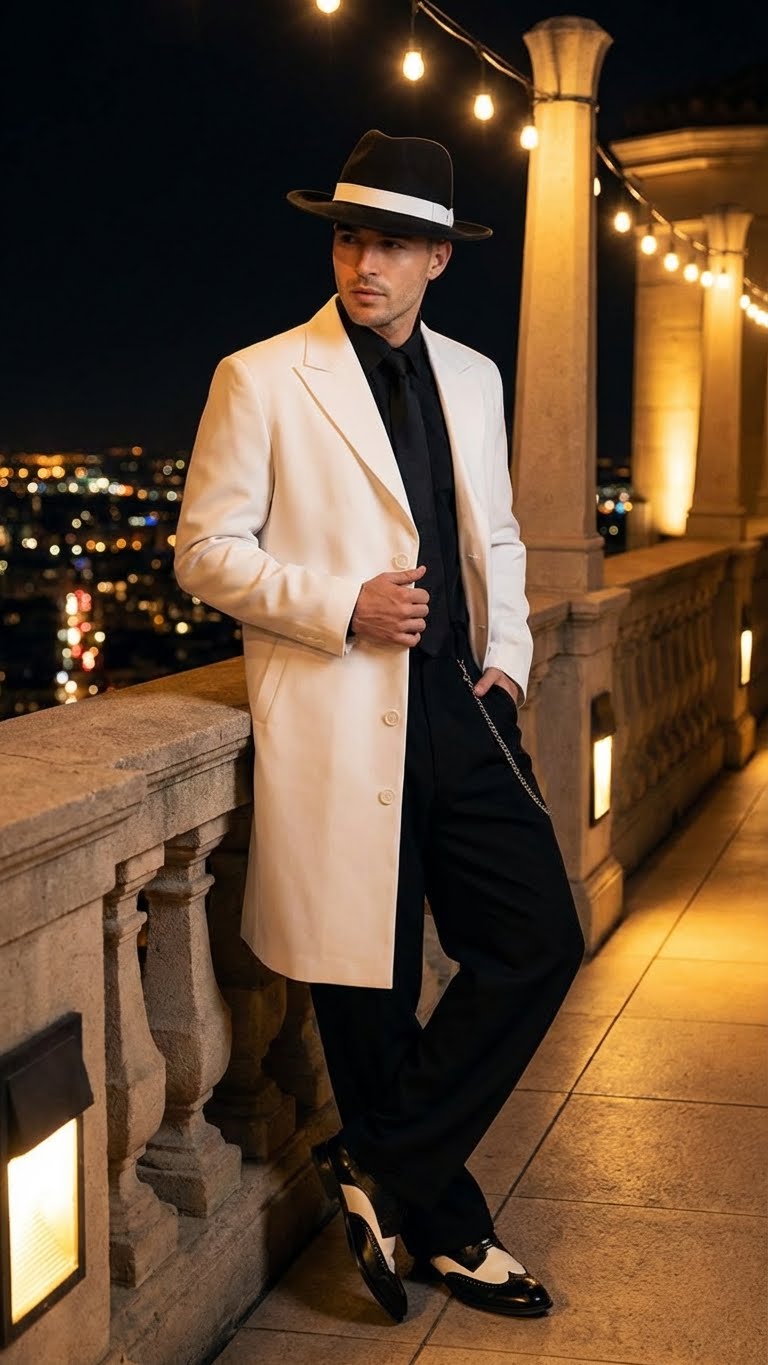 Men’s White Zoot Suit Gangster Style Outfit – White Jacket + Vest + Pants + Shirt & Tie Combo Package