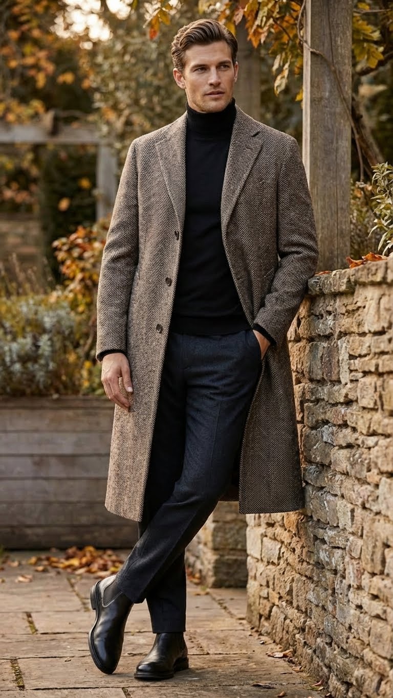 Men’s Black & Grey Herringbone Tweed Wool Blend Overcoat – Classic Single-Breasted Winter Blazer Carcoat