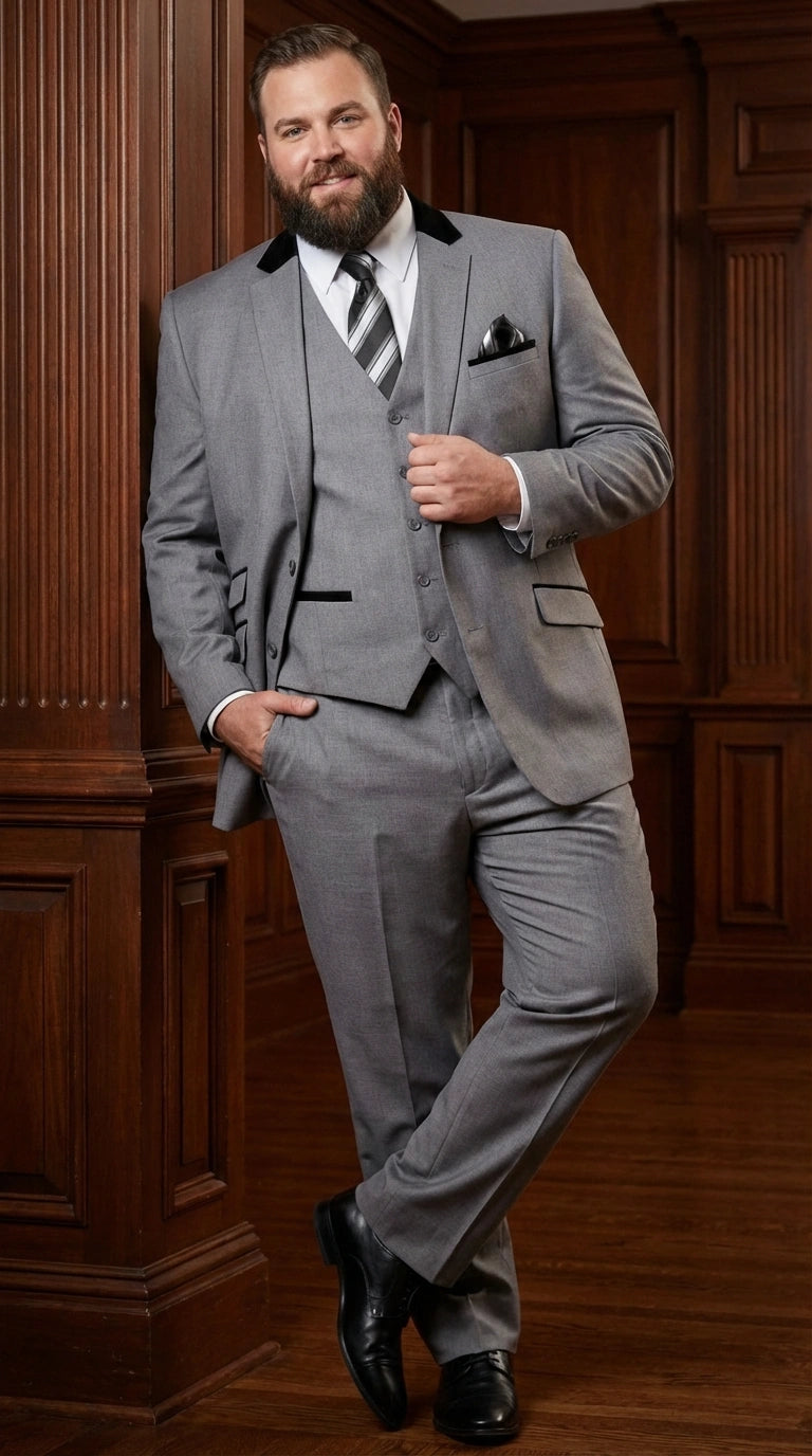 Men’s Light Gray Three Piece Suit with Black Chesterfield Collar – Classic Formal Weddings and Business Suit Set 1920s Vintage