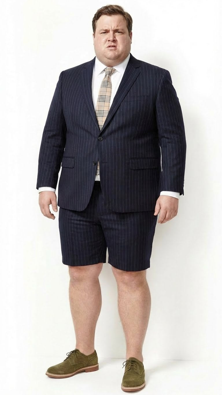 Men’s Dark Navy Blue Pinstripe or Black Pinstripe Summer Business Suit with Shorts Pants Set – Sport Coat Style Formal and Casual Outfit