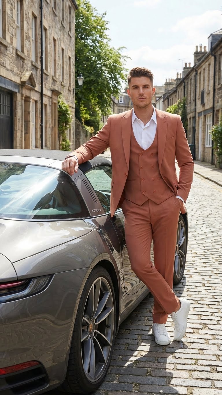 Men’s Light Rust - Peach Color - Salmon Color 3 Piece Suit Set with Vest, Classic Formal Wedding Prom Business Dress Suit