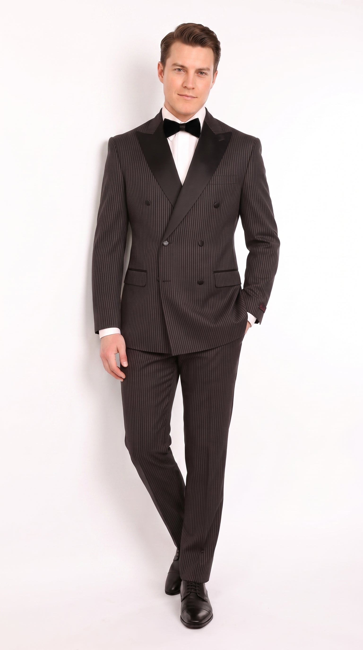 Men’s Black Shadow Pinstripe Double-Breasted Tuxedo Tone on Tone Formal Wedding Suit Modern Fit 1920s Style