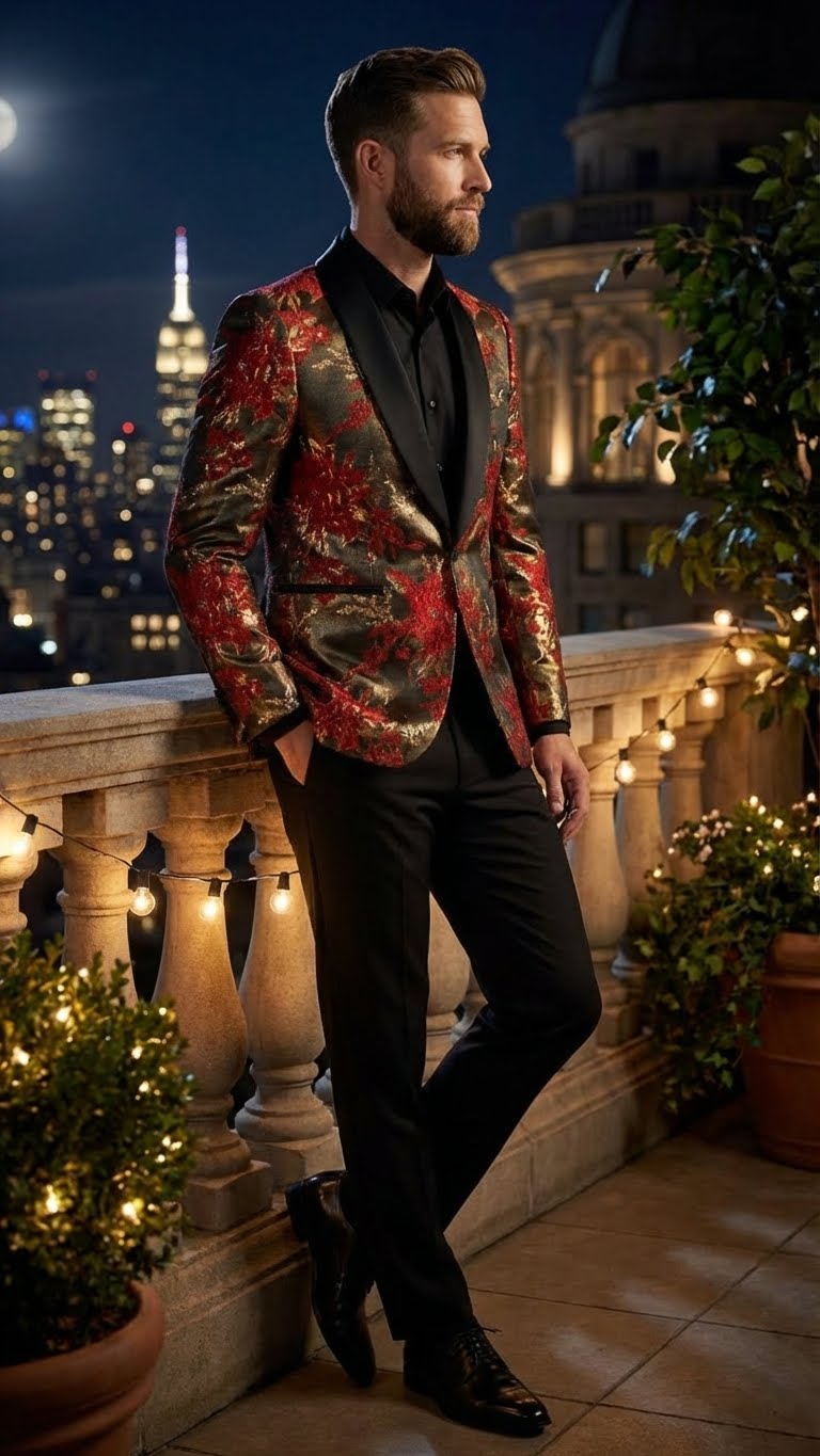 Men’s Red and Gold Floral Pattern Paisley Shawl Lapel | Luxury Evening and Party Wear Jacket Prom Christmas New Year Blazer