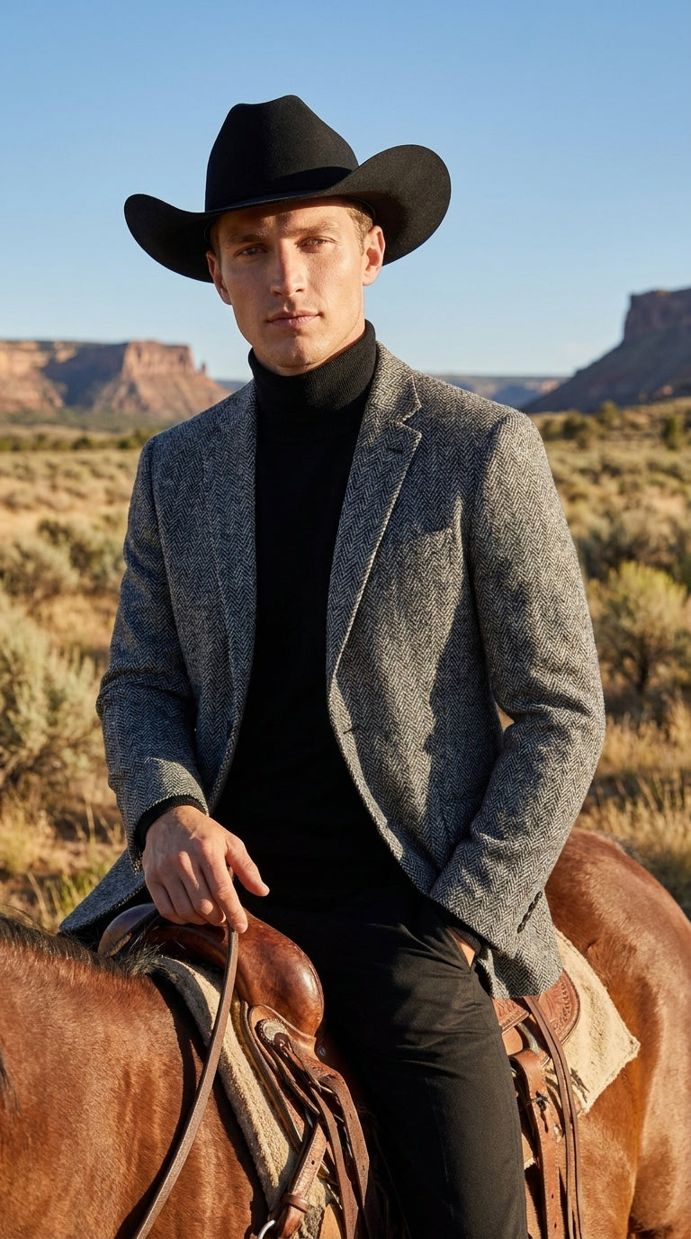 Men’s Grey Herringbone Winter Cowboy Blazer – Western Sport Coat Jacket