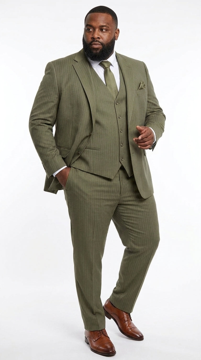 Men’s Olive Green Tone-on-Tone Shadow Pinstripe 3 Piece Suit – Modern Formal Suit with Vest Shadow Stripe