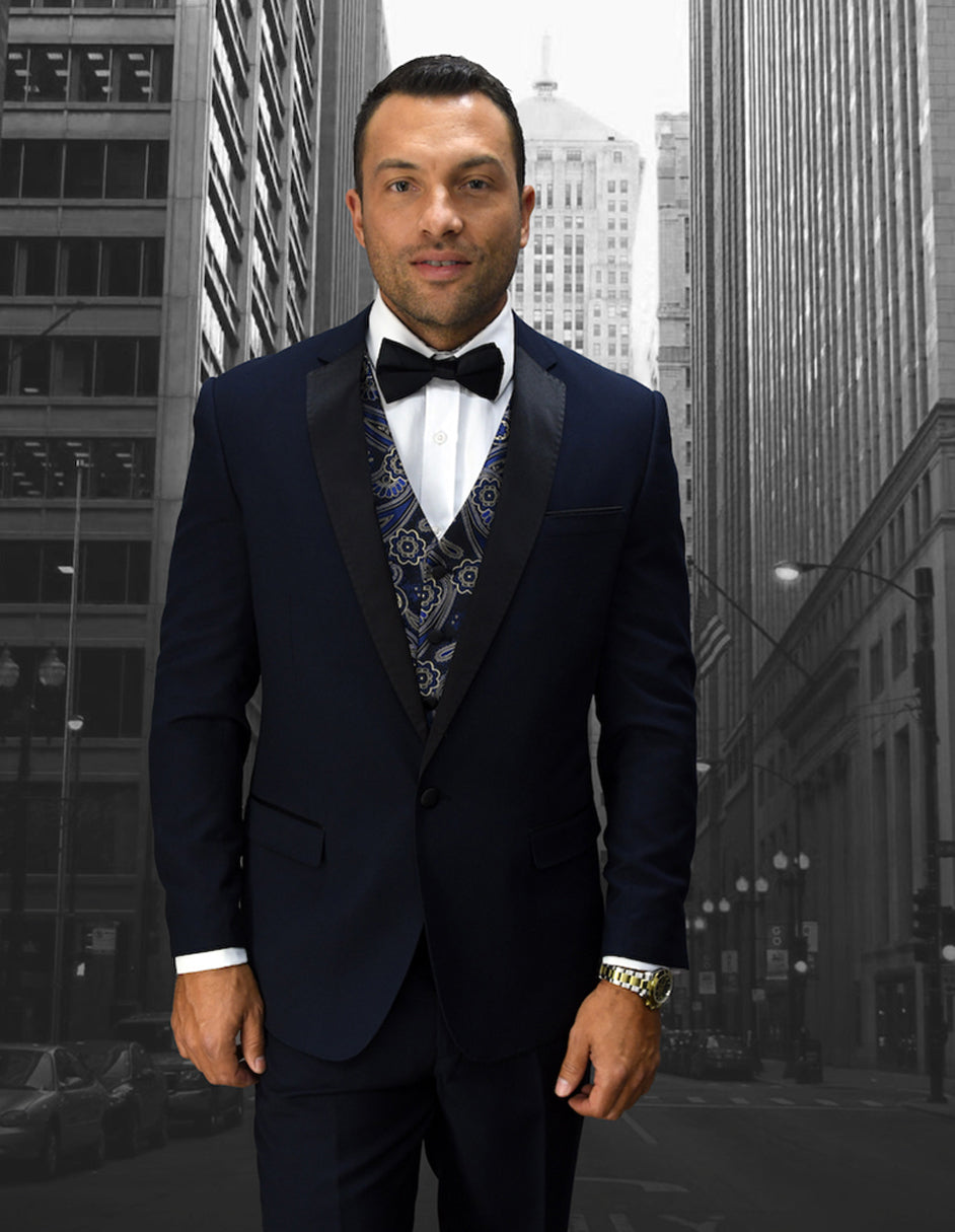 Vested One Button Wool Tuxedo - Navy
