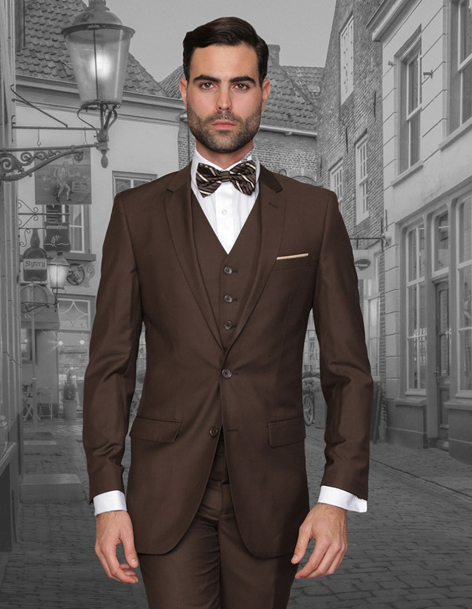 2 Button Skinny Wool Suit with Vest, Brown