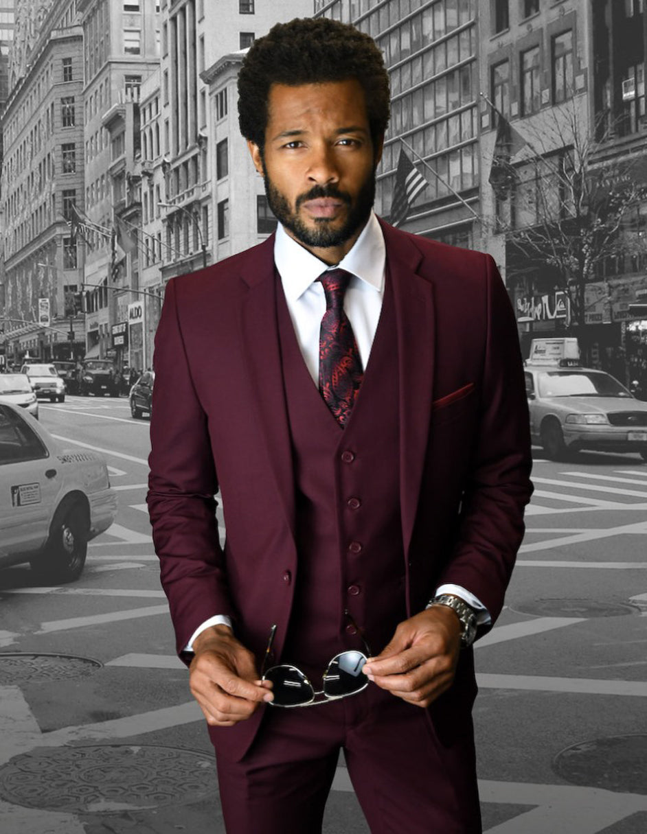 Burgundy Skinny Vested Wool Suit - 2 Button