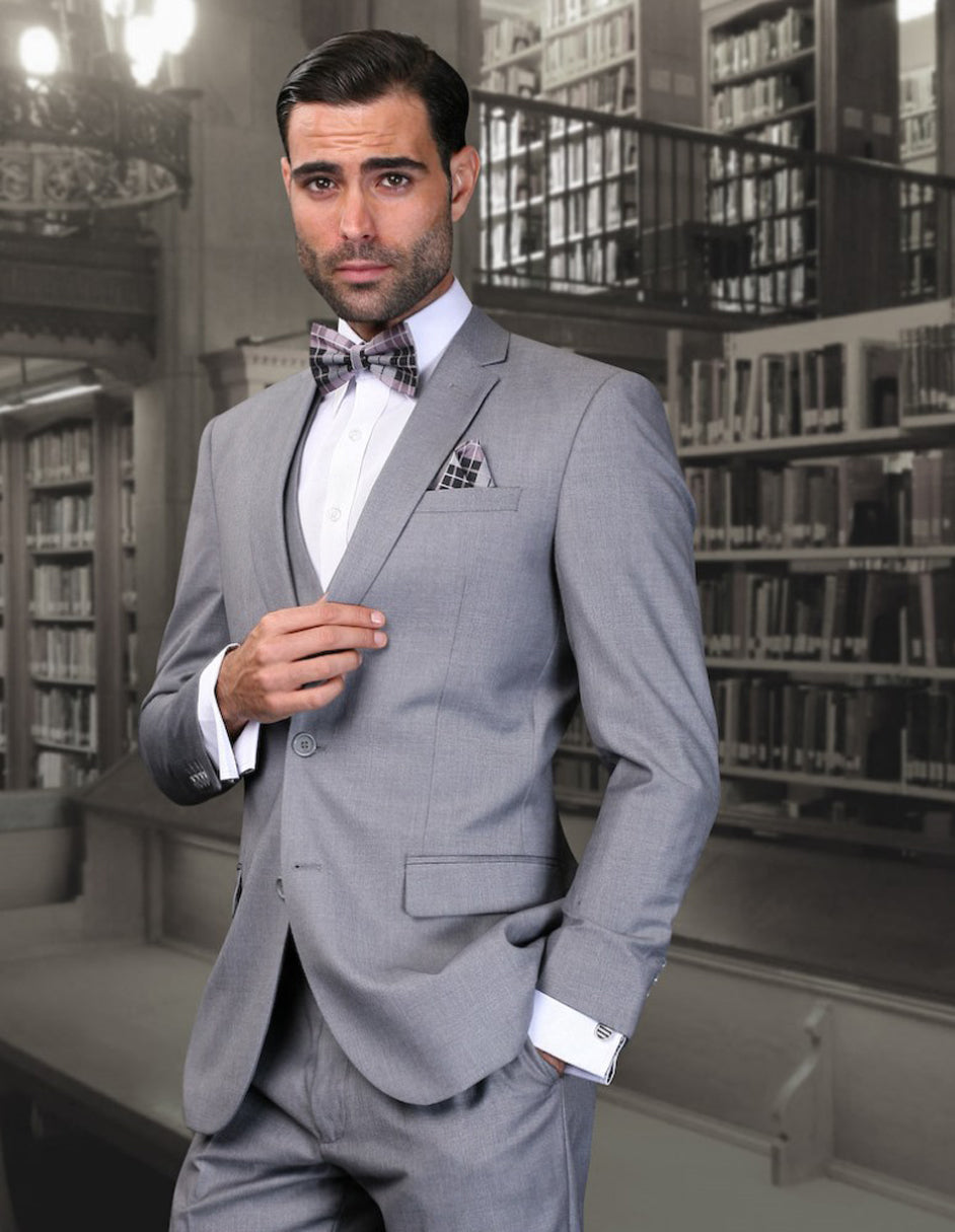 Grey Skinny Vested Wool Suit - Mens 2 Button