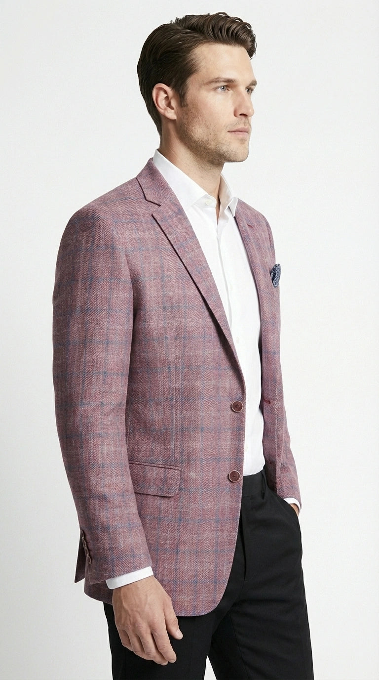 Mens Dusty Rose Mauve Pink with Tint of Blue Plaid Sport Coat Blazer – Classic Check Pattern Casual Blazer Jacket for Business Casual, Wedding