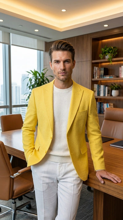 Zacci Brand Menβs Lemon Yellow Blazer Peak Lapel Hopsack Weave β Stylish Formal Blazer Jacket for Wedding, Party, Prom and Smart Casual Wear