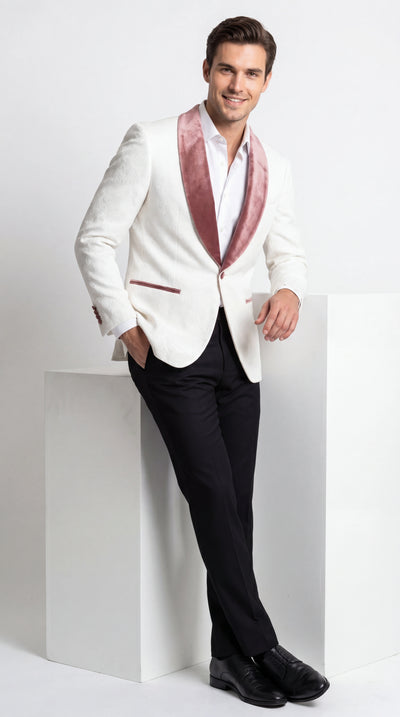 Menβs Ivory and Rose gold Floral Blazer β Elegant Shawl Lapel Formal Blazer Jacket for Wedding, Party, Prom