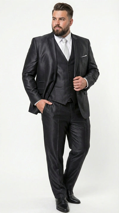 Men’s Black Three Piece Suit – Modern Fit 3PC Formal Suit with Vest for Wedding, Prom and Business Events Sharkskin Shiny Fabric