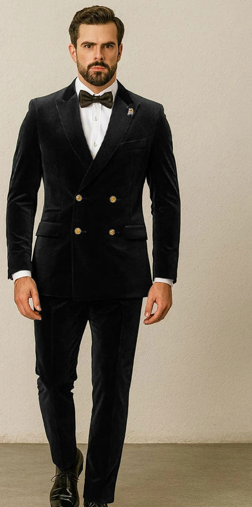 Mens Velvet Suit - Slim Fit Double Breasted Suit Blazer and Pants - Green