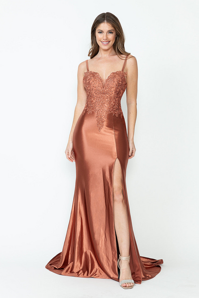Satin Mermaid Evening Gown with Embroidered Bodice & Sheer Jacket By Lenovia 8175