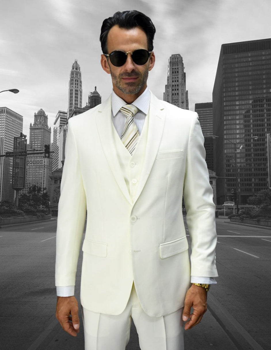 Skinny Ivory Wool 2 Button Suit with Vest