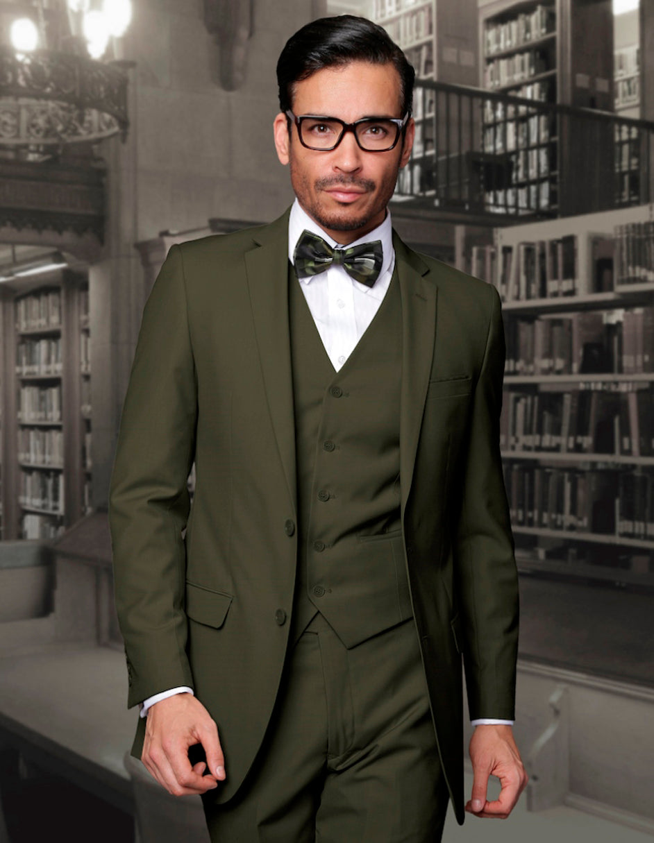 Men's 2 Button Skinny Wool Suit Olive