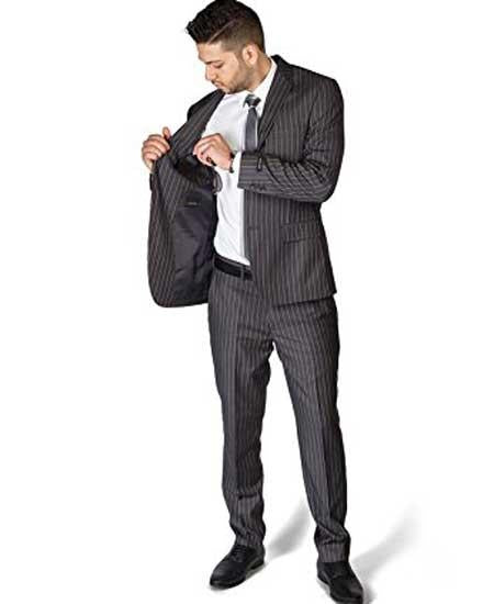 Men's Slim Fit Stripe ~ Skinny Style Grey 2 Button Pinstripe Flat Front Pants Cheap Priced Business Suits Clearance Sale