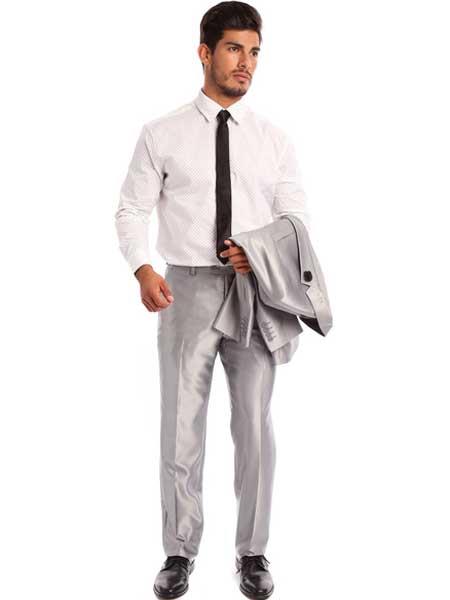 Men's Slim Fit Suit - Fitted Suit - Skinny Suit Men's Two Piece Silver Classic Fit Sharkskin Solid Italian Styled Suit