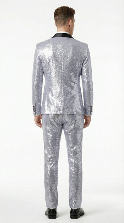 Mens Silver Grey Sequin Tuxedo Suit – Shiny Wedding Suit Set with Black Lapel for Prom, Party, Gala and Formal Evening Wear