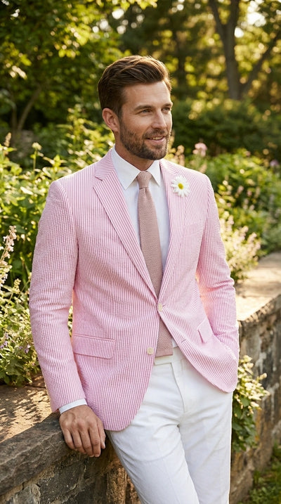 Mens Pink Seersucker Blazer β Lightweight Striped Summer Sport Coat Casual Smart Formal Jacket