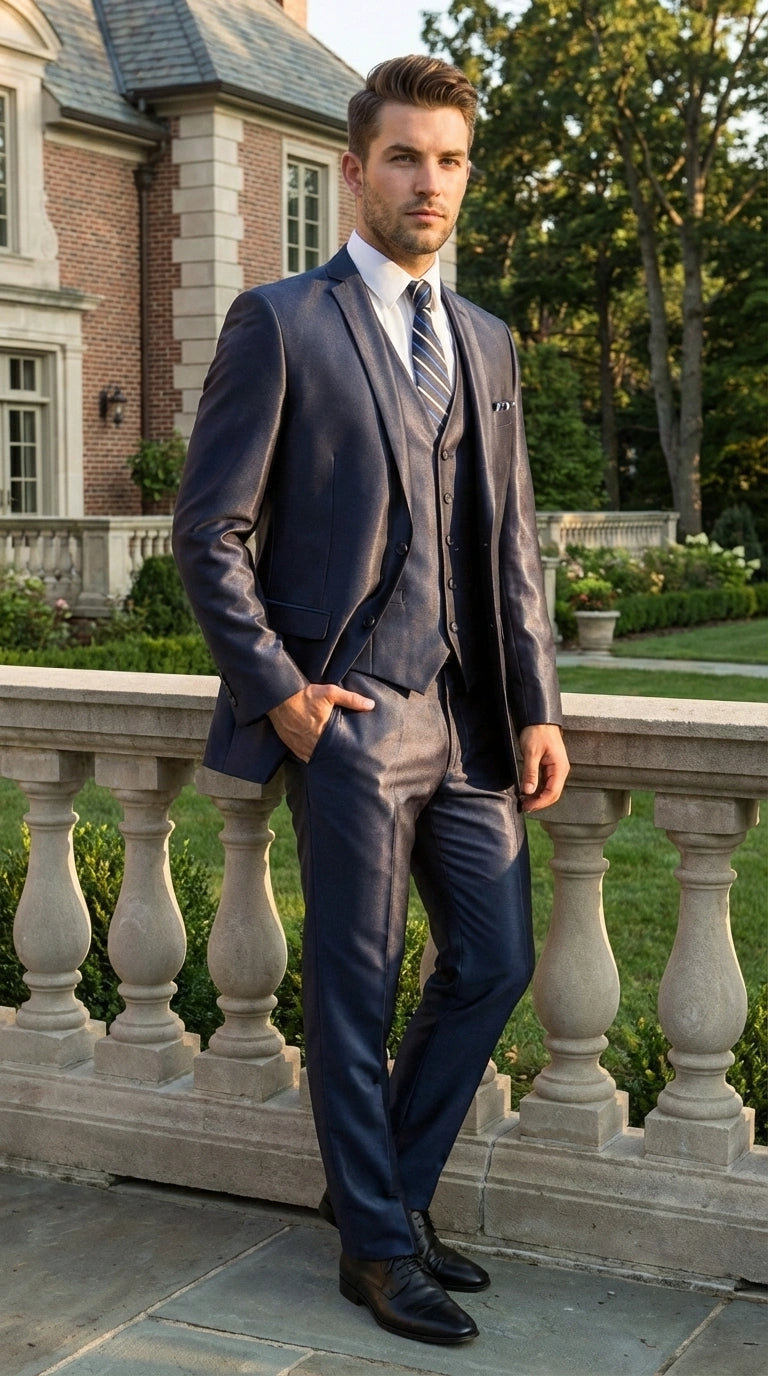 Men’s Navy Blue Sharkskin 3 Piece Suit – Two Button Vested Sleek Formal Suit for Wedding, Prom, Business and Party Wear