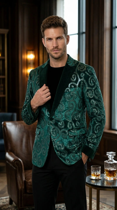 Menβs Emerald Green Paisley Tuxedo Dinner Jacket with Black Lapel, Formal Prom Wedding Party Blazer