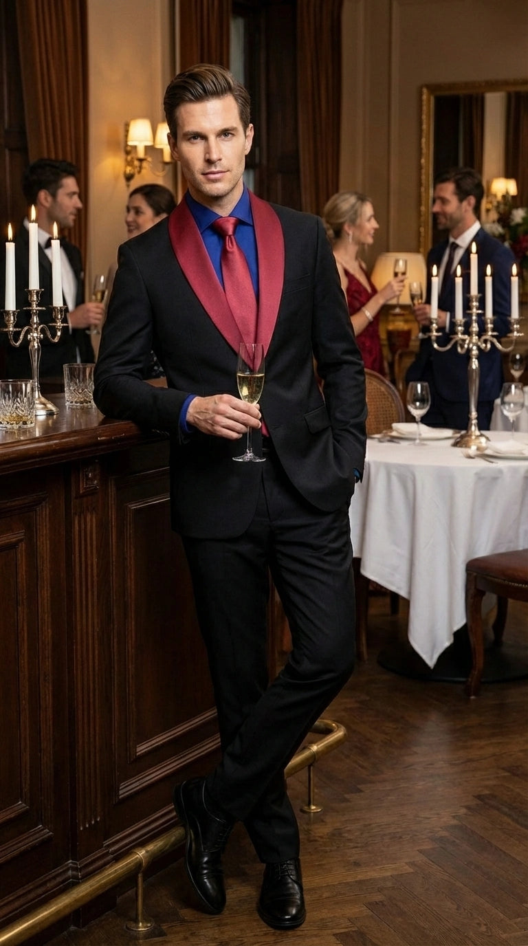 Men’s Black Suit with Burgundy Shawl Lapel – Formal Tuxedo Suit for Wedding, Prom and Evening Events + Bowtie & Tie Black / 42 Long + 36 Waist(Adjust