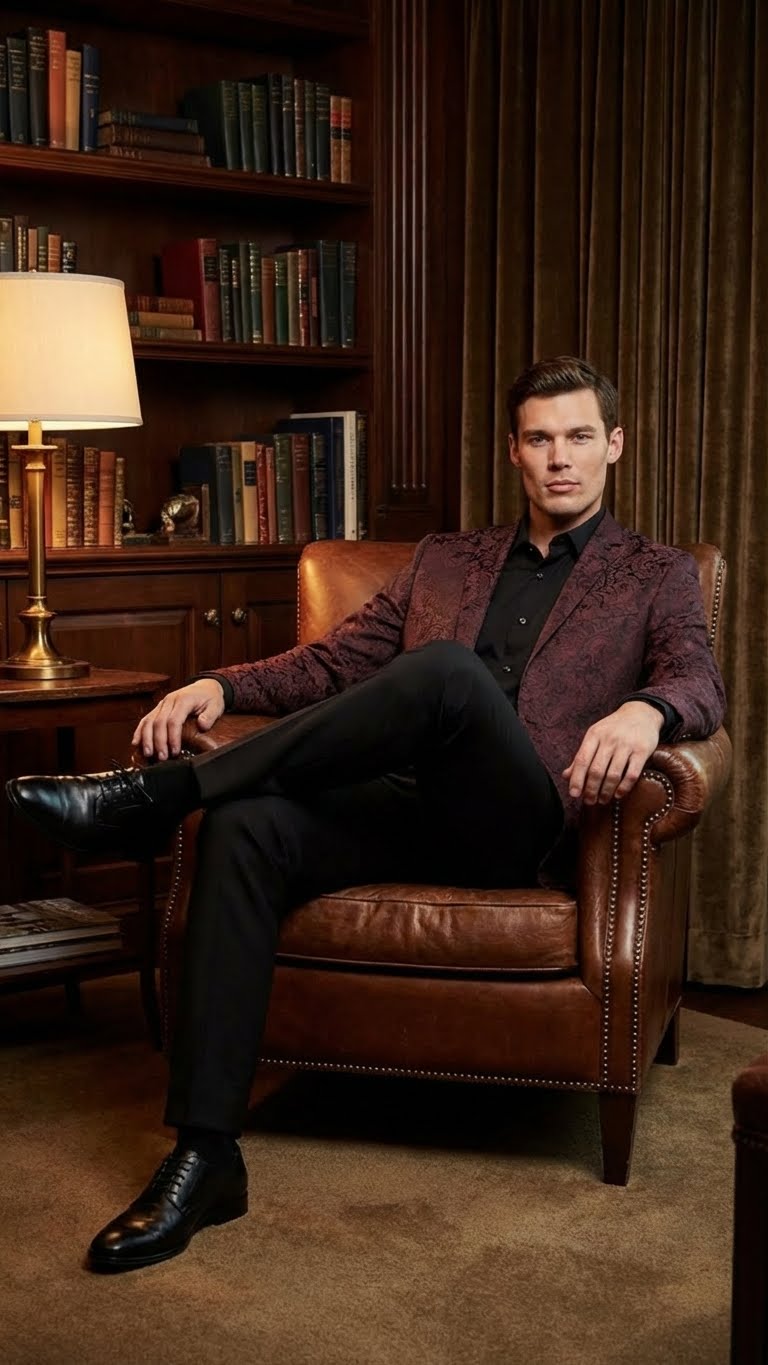 Men’s Burgundy Paisley Blazer Sport Coat – Velvet Dinner Jacket floral in Maroon Wine Color Ultra Slim Fit Smoking Jacket