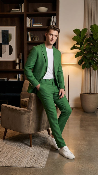 Menβs Emerald Green Suit Set β Lightweight Summer Blazer and Pants, Casual Formal Summer Suit, Breathable Wedding Party Outfit