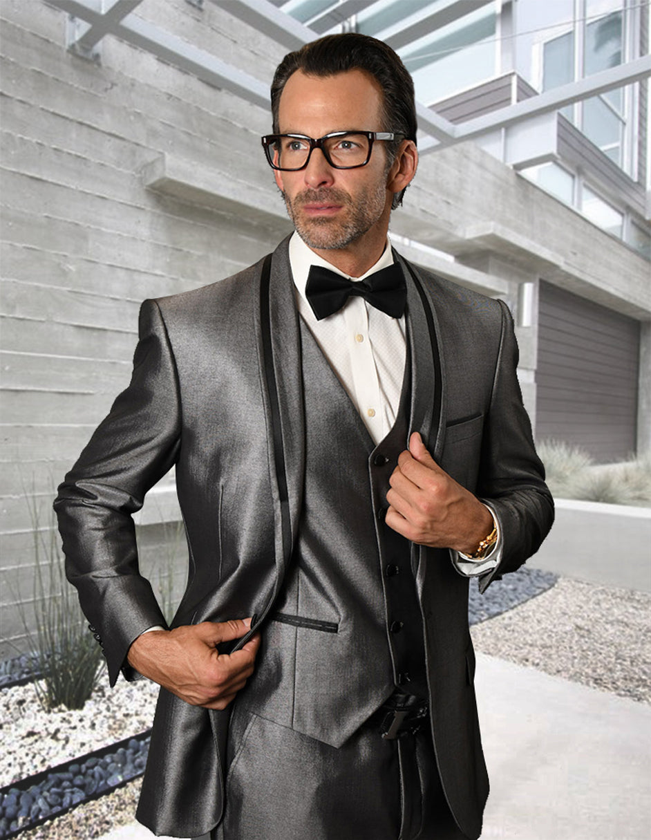Satin Shawl Lapel Tuxedo in Silver Sharkskin