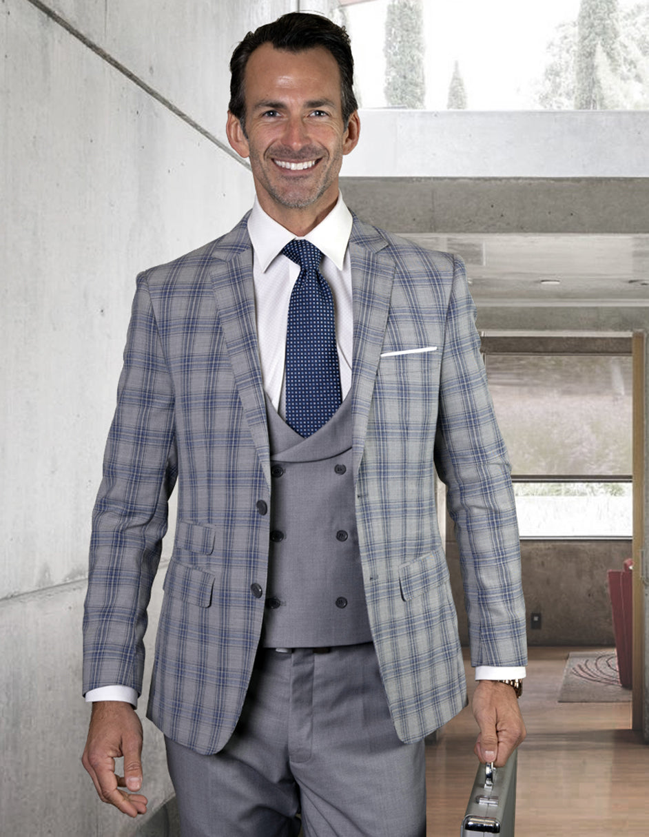 Grey Plaid 2 Button Suit with Double Breasted Vest
