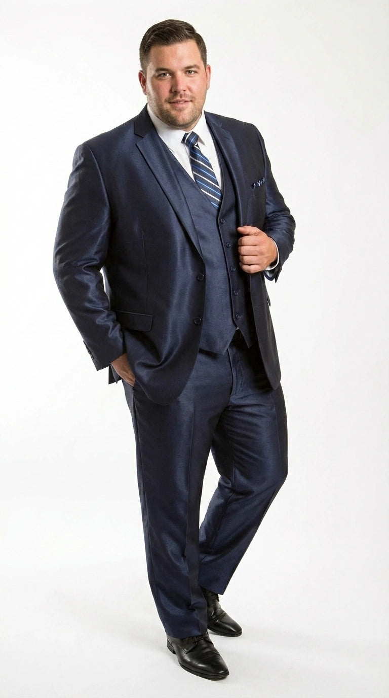 Men’s Navy Blue Sharkskin 3 Piece Suit – Two Button Vested Sleek Formal Suit for Wedding, Prom, Business and Party Wear