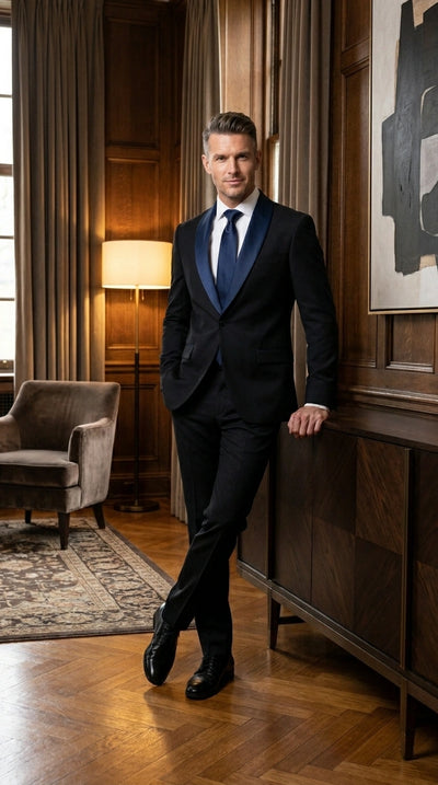 Menβs Black Suit with Navy Blue Lapel β Elegant Formal Tuxedo Style Suit for Wedding, Prom, Party and Evening Wear