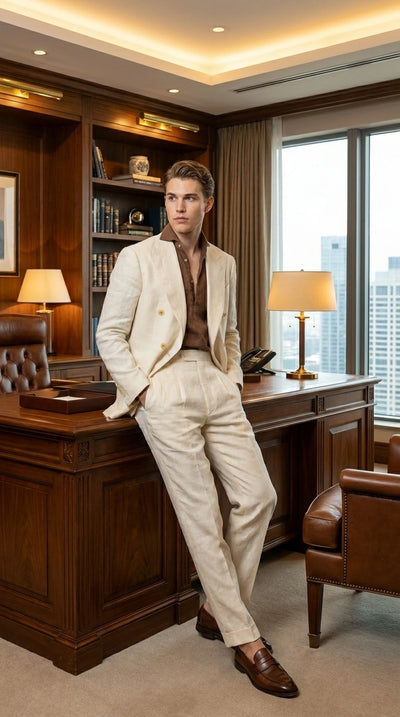 Menβs Off White 70s Style Double Breasted Suit β Vintage Retro Wide Lapel Classic Outfit for Party, Wedding and Casual Fashion Wear