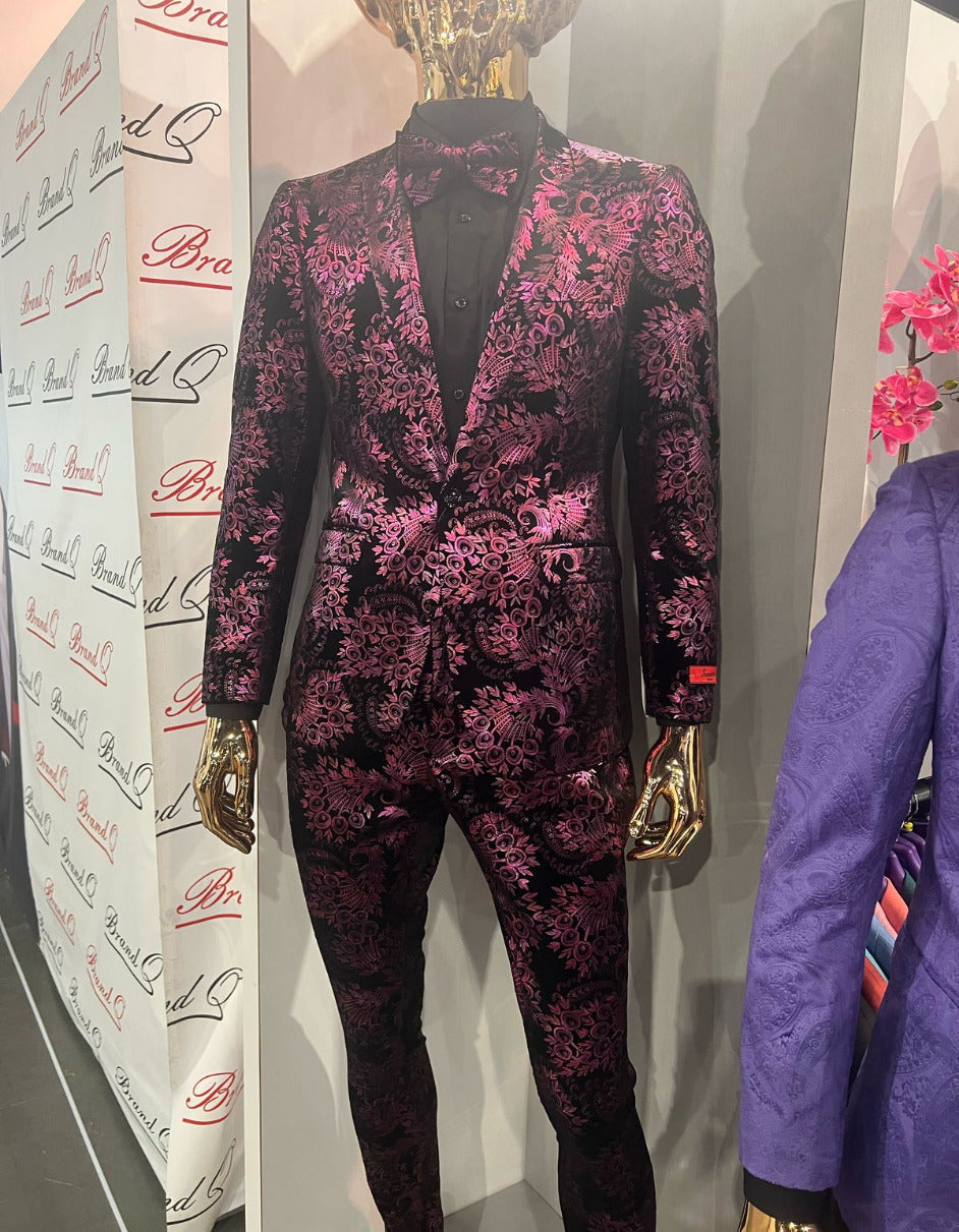 Black & Deep Pink Floral Slim Tuxedo Set