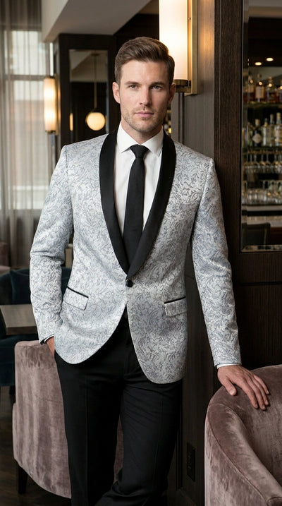 Menβs Silver and Black Floral Blazer β Elegant Formal Tuxedo Style Blazer Jacket for Wedding, Party, Prom and Evening Wear