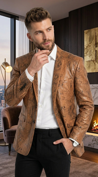 Menβs Tan Snakeskin Print Blazer, Brown Sport Coat Camel Alligator Crocodile Animal Print leopard Jacket