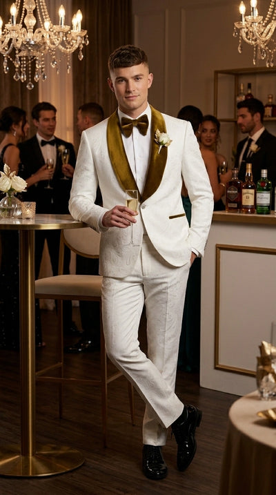Menβs White Paisley 3 Piece With Vest Prom Tuxedo with Gold Velvet Shawl Lapel, Formal Wedding Suit Set