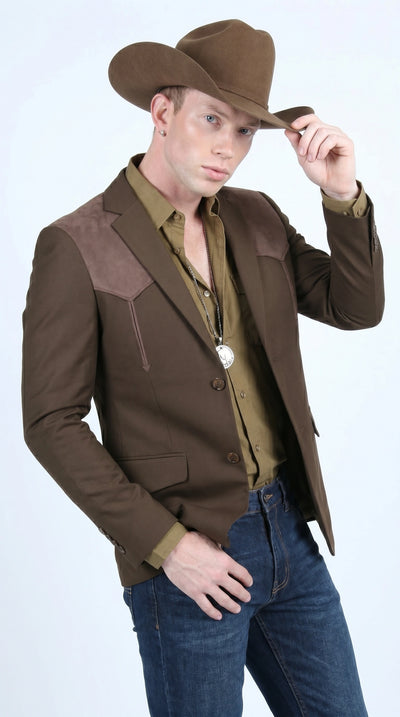 Menβs Dark Brown Western Blazer with Suede Yokes, Cowboy Sport Coat for Ranch Wedding and Country Events
