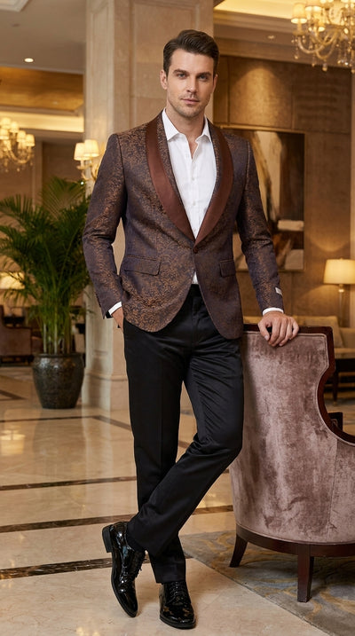 Menβs Light Brown Paisley Tuxedo Jacket, Wedding Prom Dinner Blazer with Satin Shawl Lapel