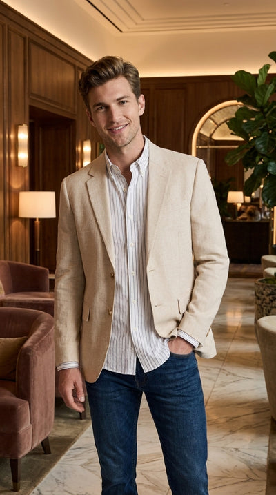 Menβs Light Tan Sport Coat β Classic Two-Button Casual Blazer for Business, Weddings & Smart Casual Wear Modern Fit Linen Fabric
