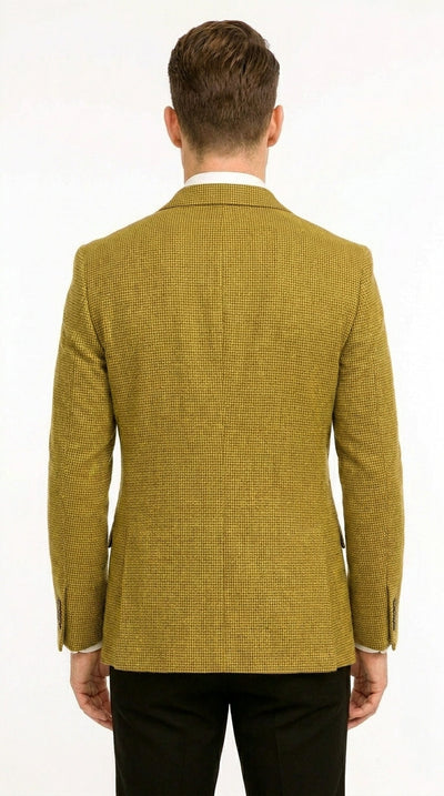 Menβs Mustard Gold Yellow Houndstooth Blazer Jacket, Check Pattern Formal Sport Coat for Weddings, Prom, Business 2 Buttons Modern Fit